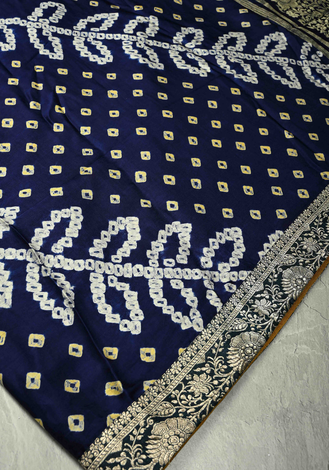 Royal Blue-Beige Dual Weave Half Bandhni Modal silk, Half Ikkat Raw Silk Saree Adorned with Zari Border | SILK MARK CERTIFIED