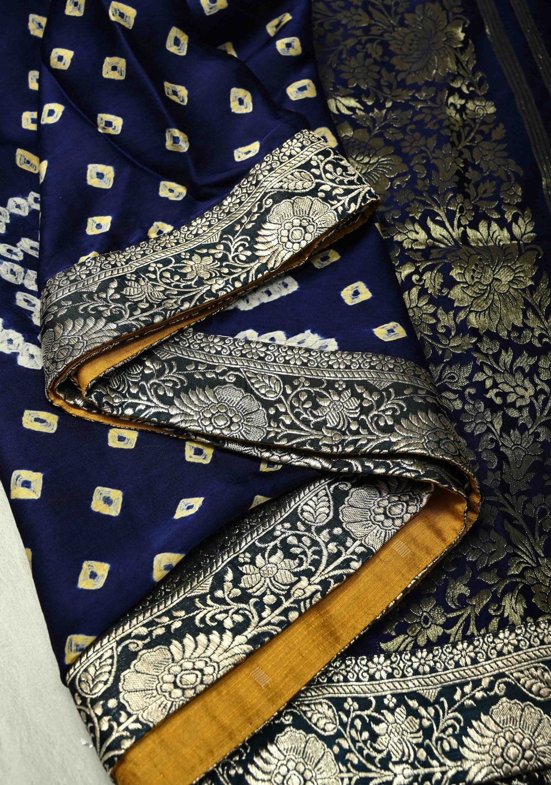 Royal Blue-Beige Dual Weave Half Bandhni Modal silk, Half Ikkat Raw Silk Saree Adorned with Zari Border | SILK MARK CERTIFIED