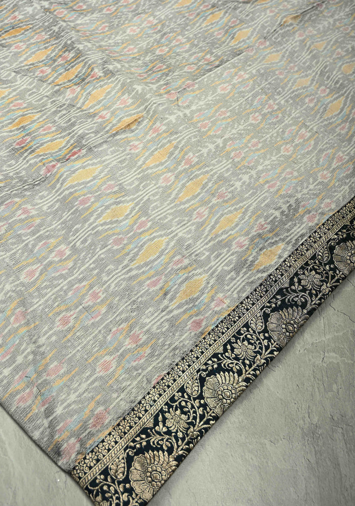 Royal Blue-Beige Dual Weave Half Bandhni Modal silk, Half Ikkat Raw Silk Saree Adorned with Zari Border | SILK MARK CERTIFIED