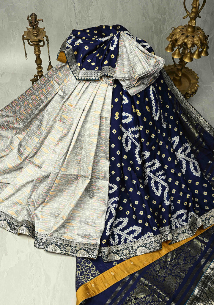 Royal Blue-Beige Dual Weave Half Bandhni Modal silk, Half Ikkat Raw Silk Saree Adorned with Zari Border | SILK MARK CERTIFIED