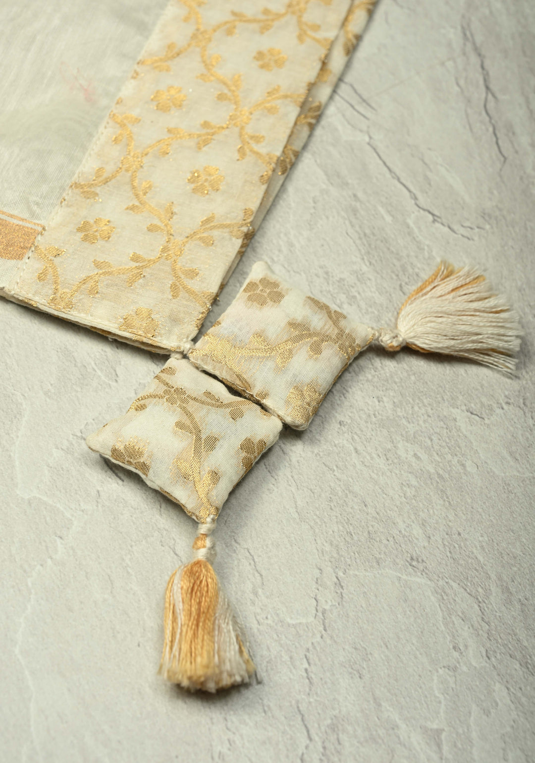 Ivory Chanderi Silk Cotton Dupatta with Sona Rupa Pichwai Foil Print and Banarasi Brocade Border