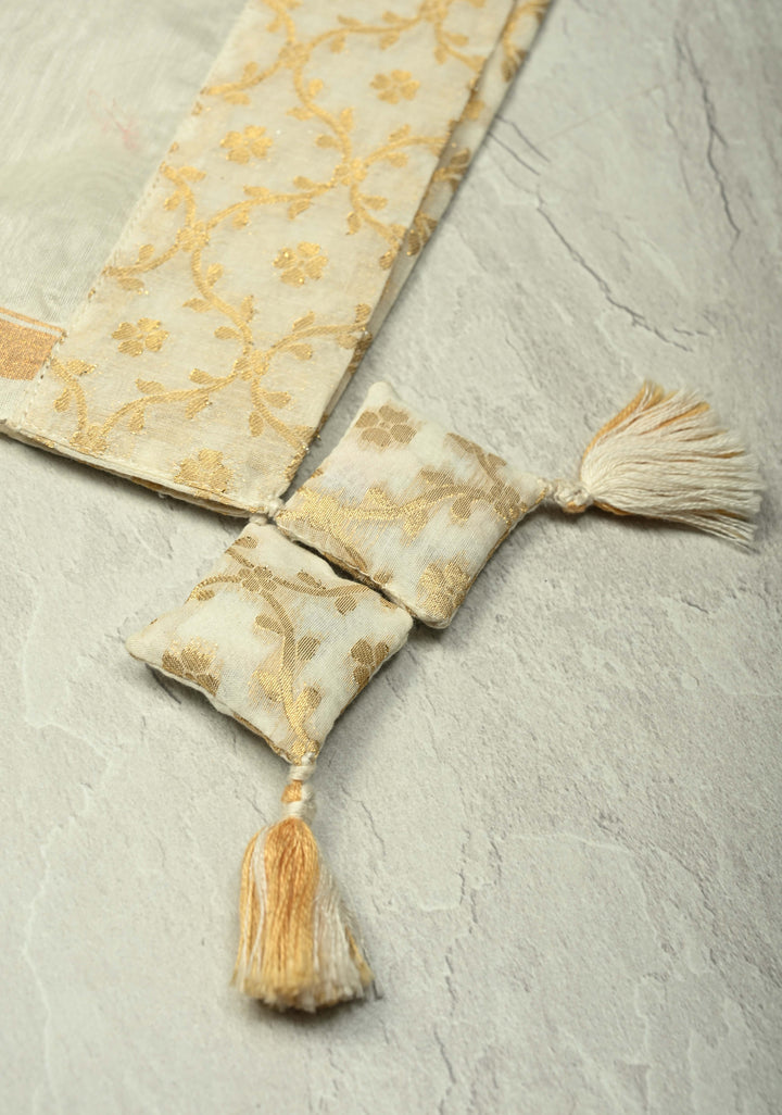 Ivory Chanderi Silk Cotton Dupatta with Sona Rupa Pichwai Foil Print and Banarasi Brocade Border