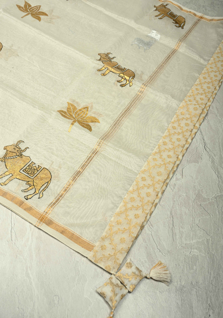 Ivory Chanderi Silk Cotton Dupatta with Sona Rupa Pichwai Foil Print and Banarasi Brocade Border