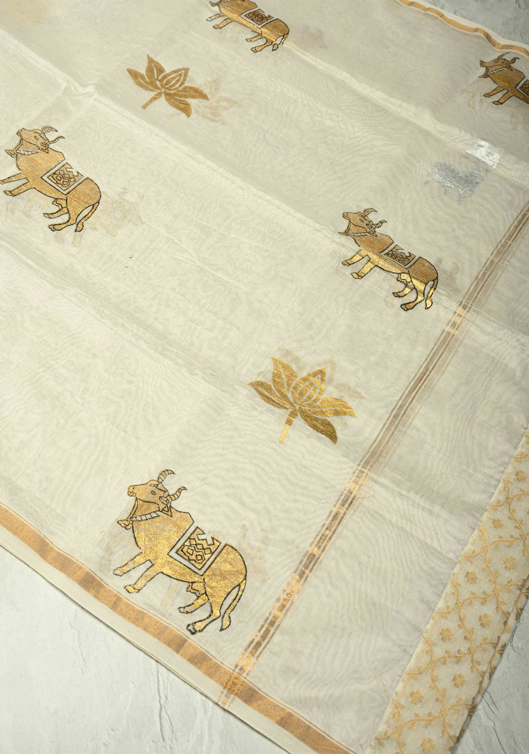 Ivory Chanderi Silk Cotton Dupatta with Sona Rupa Pichwai Foil Print and Banarasi Brocade Border