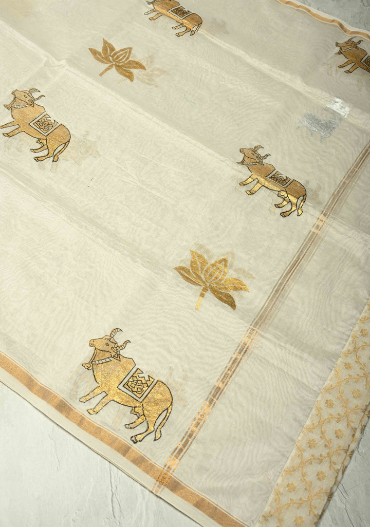 Ivory Chanderi Silk Cotton Dupatta with Sona Rupa Pichwai Foil Print and Banarasi Brocade Border