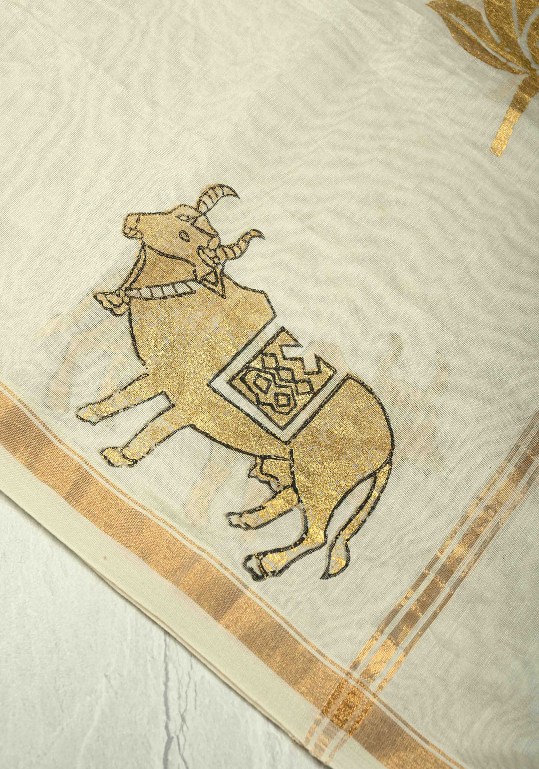 Ivory Chanderi Silk Cotton Dupatta with Sona Rupa Pichwai Foil Print and Banarasi Brocade Border