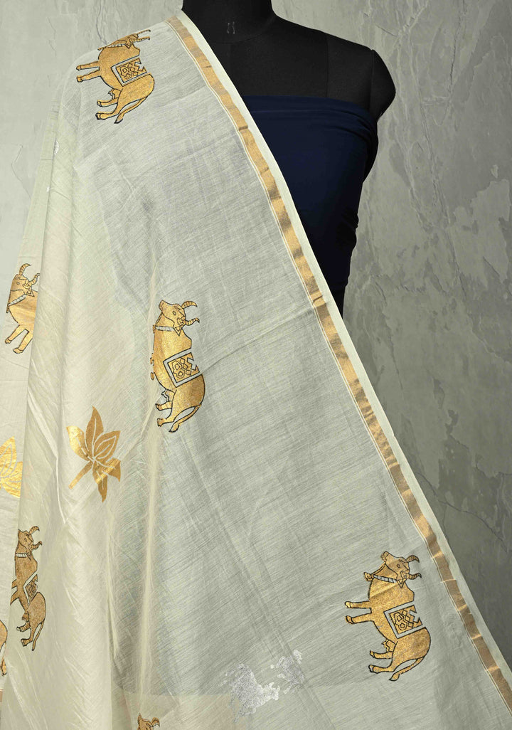 Ivory Chanderi Silk Cotton Dupatta with Sona Rupa Pichwai Foil Print and Banarasi Brocade Border