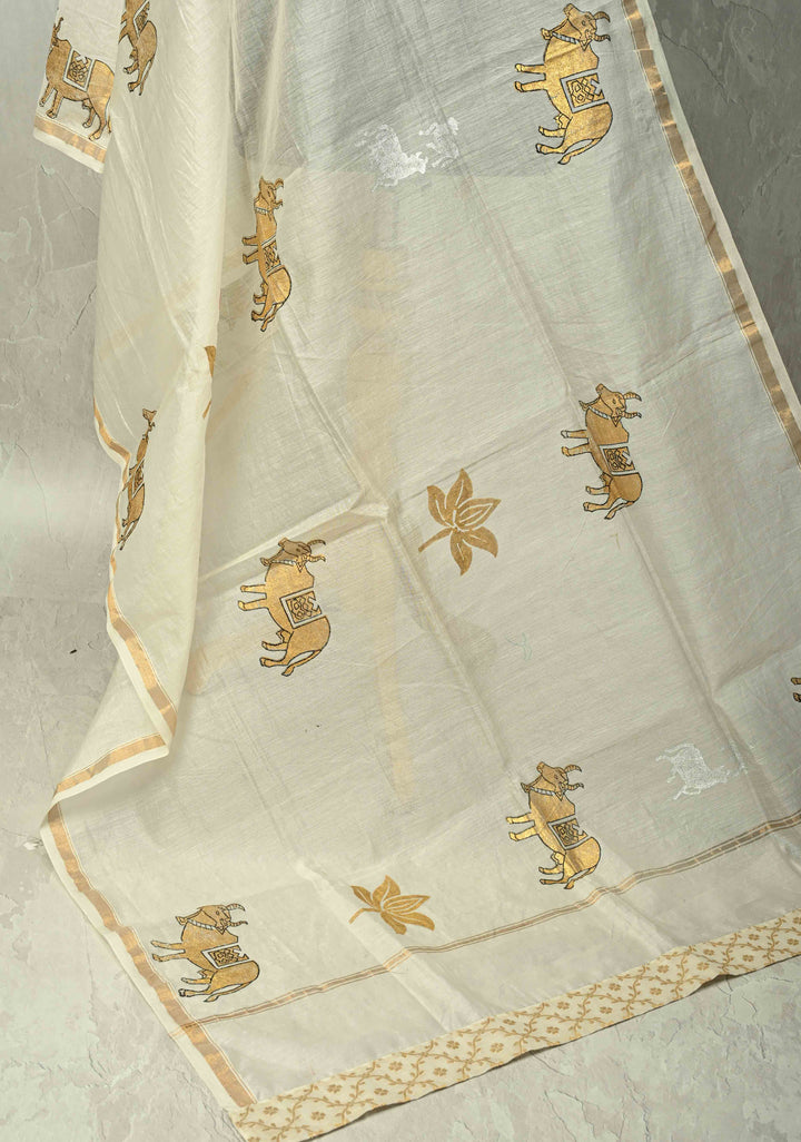Ivory Chanderi Silk Cotton Dupatta with Sona Rupa Pichwai Foil Print and Banarasi Brocade Border