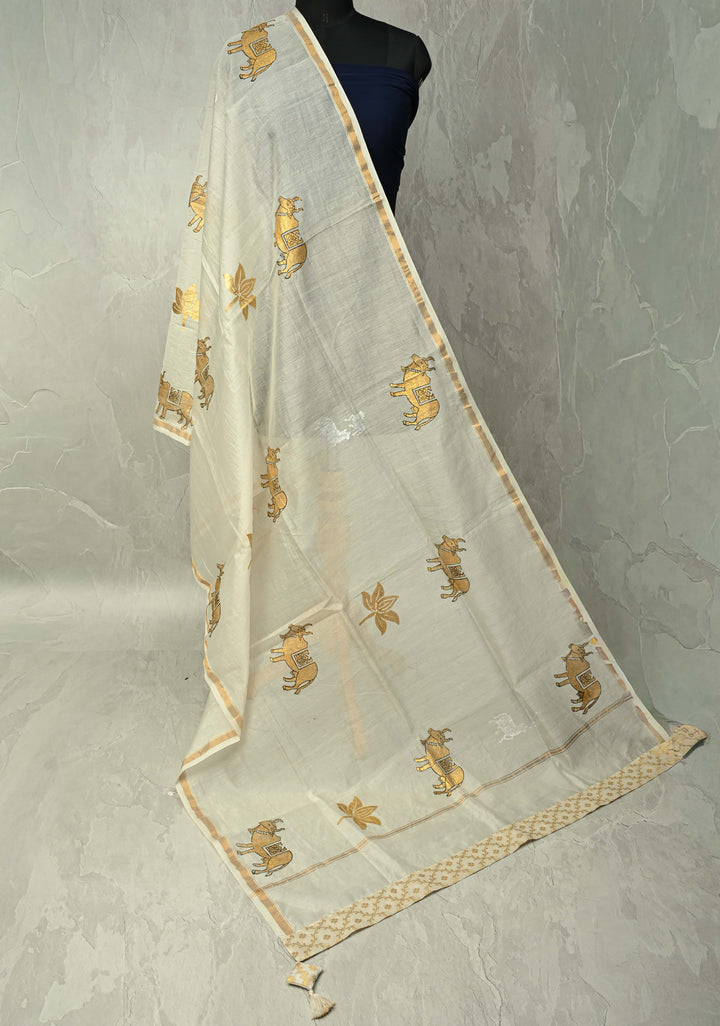 Ivory Chanderi Silk Cotton Dupatta with Sona Rupa Pichwai Foil Print and Banarasi Brocade Border