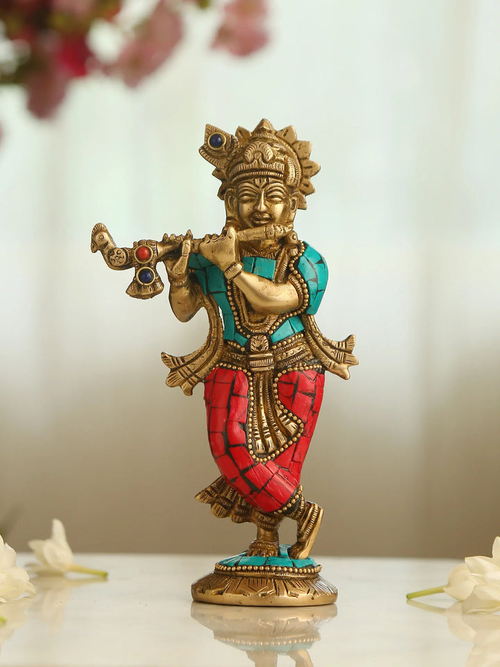 Brass Statue - Krishna with Stone work | SHOBITAM