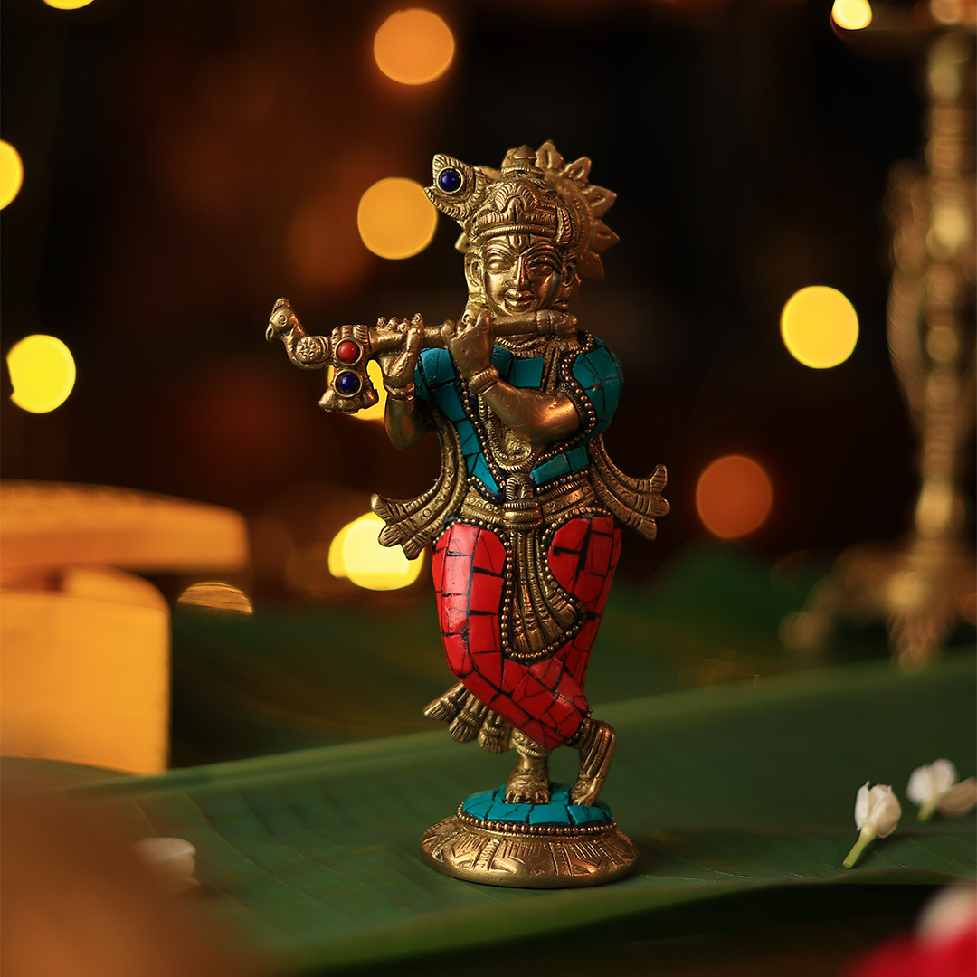 Brass Statue - Krishna with Stone work | SHOBITAM