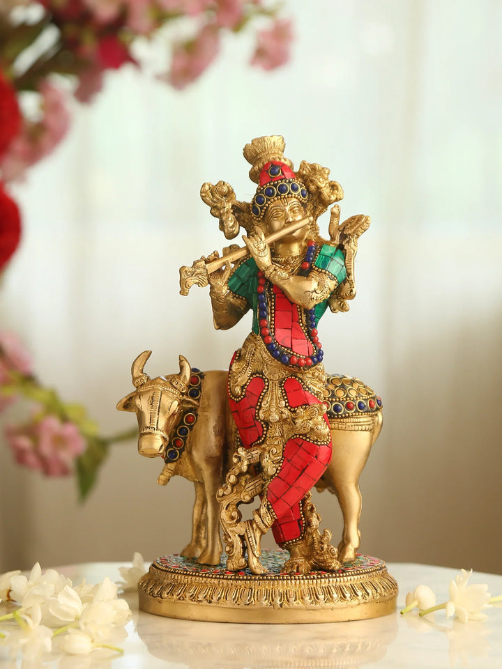 Brass Statue - Krishna with Cow in Stone Work | SHOBITAM