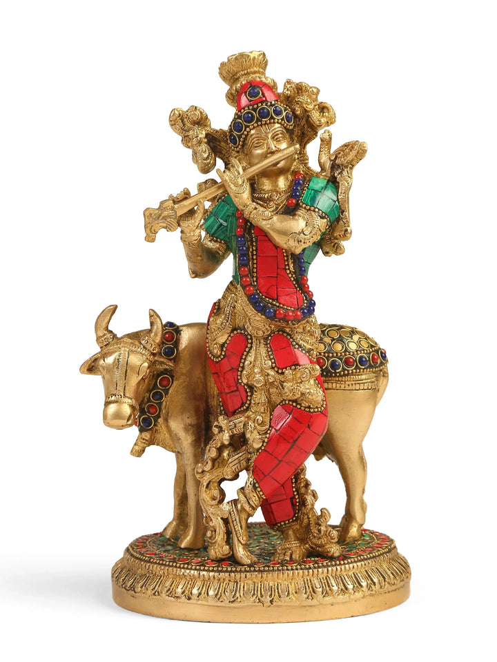 Brass Statue - Krishna with Cow in Stone Work | SHOBITAM