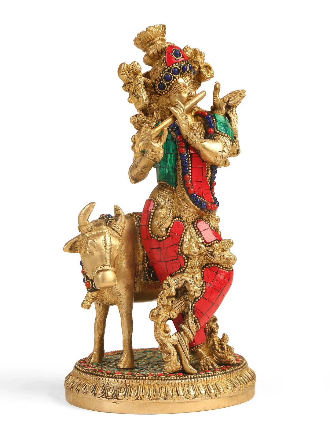 Brass Statue - Krishna with Cow in Stone Work | SHOBITAM