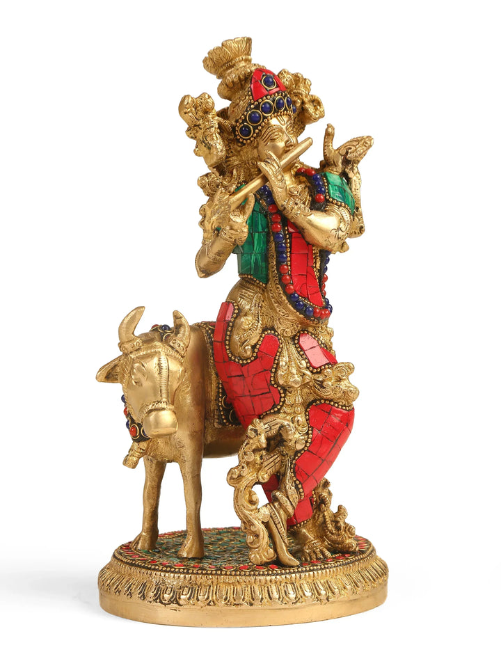 Brass Statue - Krishna with Cow in Stone Work | SHOBITAM