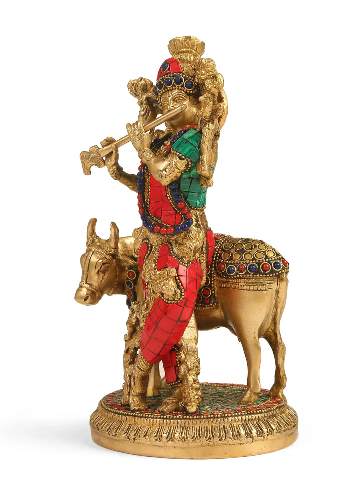 Brass Statue - Krishna with Cow in Stone Work | SHOBITAM