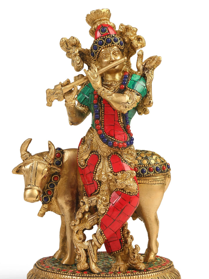 Brass Statue - Krishna with Cow in Stone Work | SHOBITAM