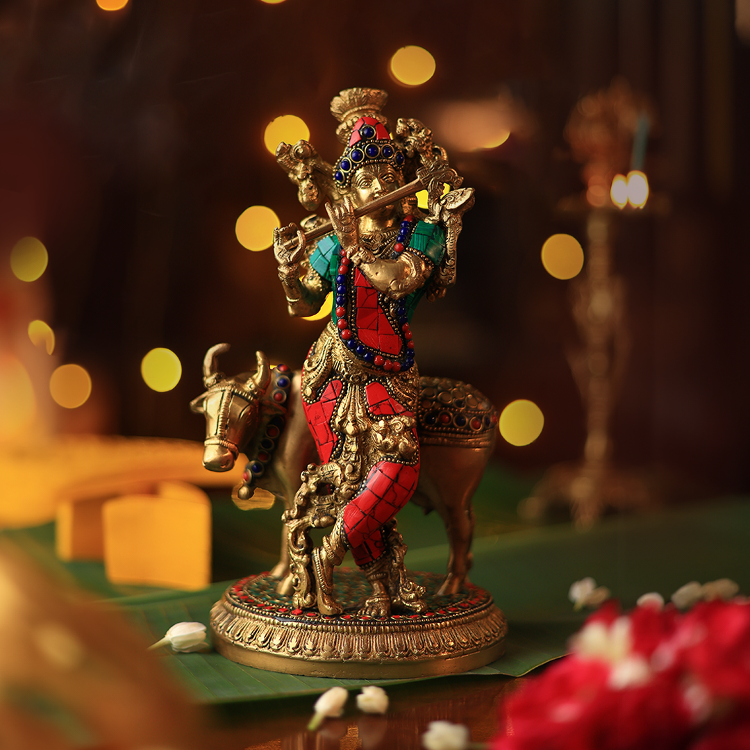 Brass Statue - Krishna with Cow in Stone Work | SHOBITAM