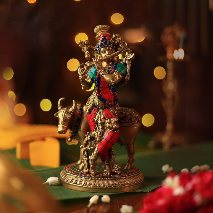 Brass Statue - Krishna with Cow in Stone Work | SHOBITAM