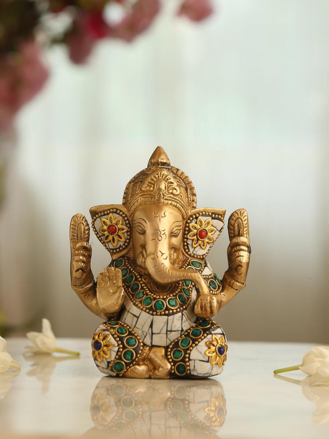 Brass Statue - Ganesha In White Stone Details | SHOBITAM
