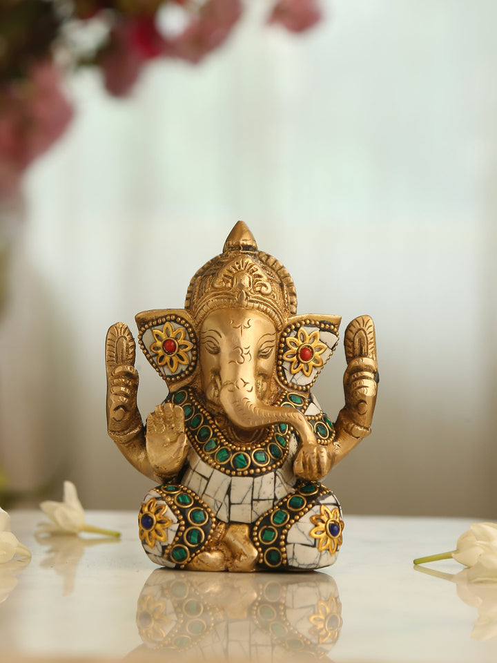 Brass Statue - Ganesha In White Stone Details | SHOBITAM