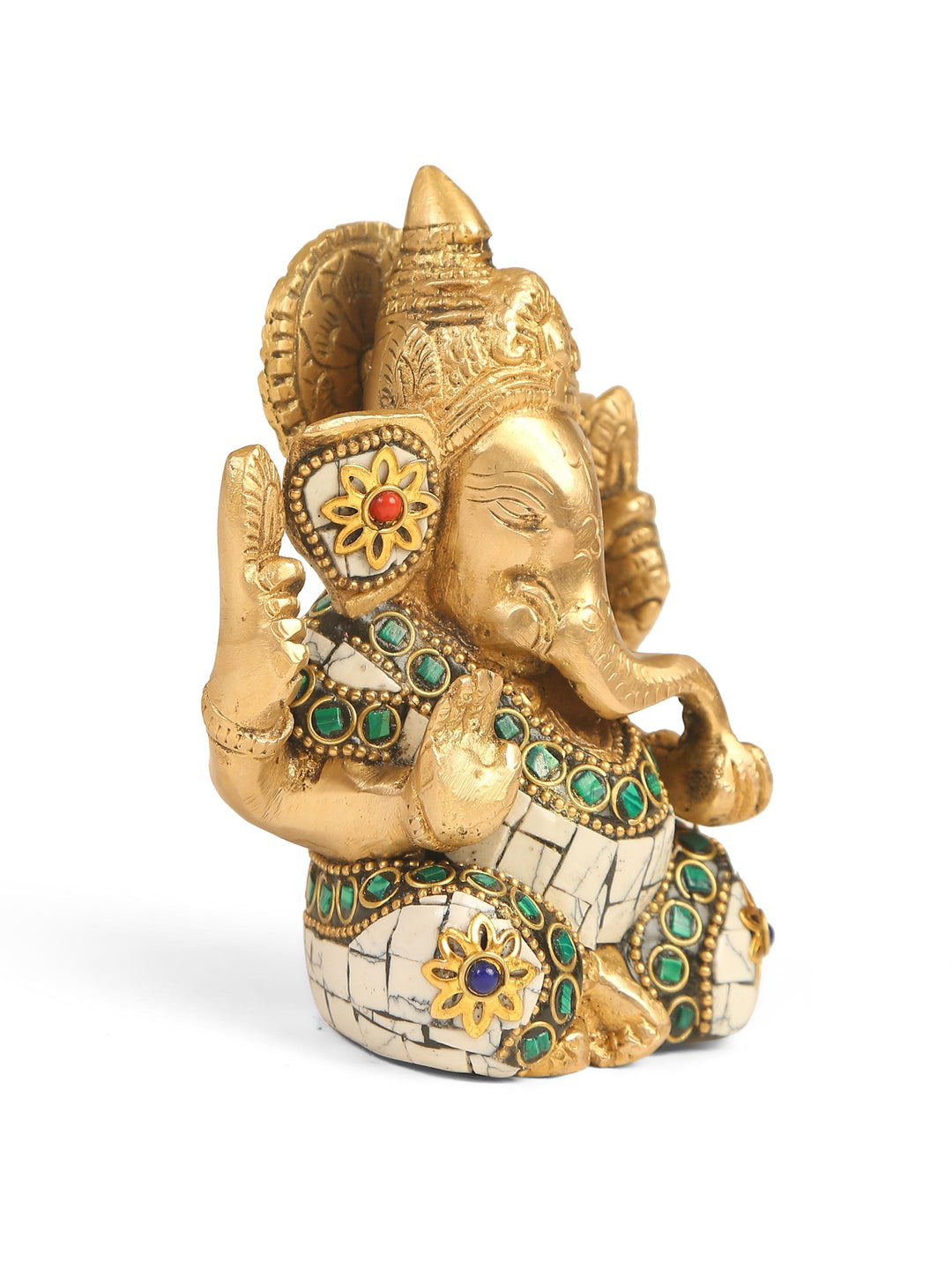 Brass Statue - Ganesha In White Stone Details | SHOBITAM