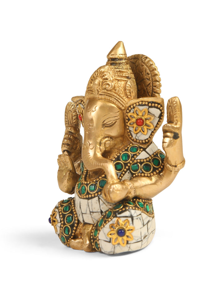 Brass Statue - Ganesha In White Stone Details | SHOBITAM