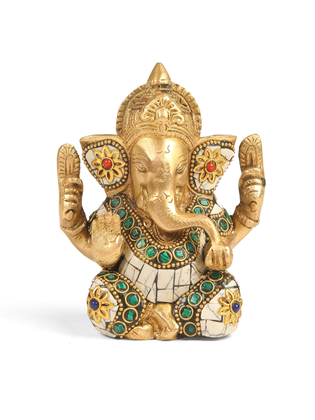 Brass Statue - Ganesha In White Stone Details | SHOBITAM