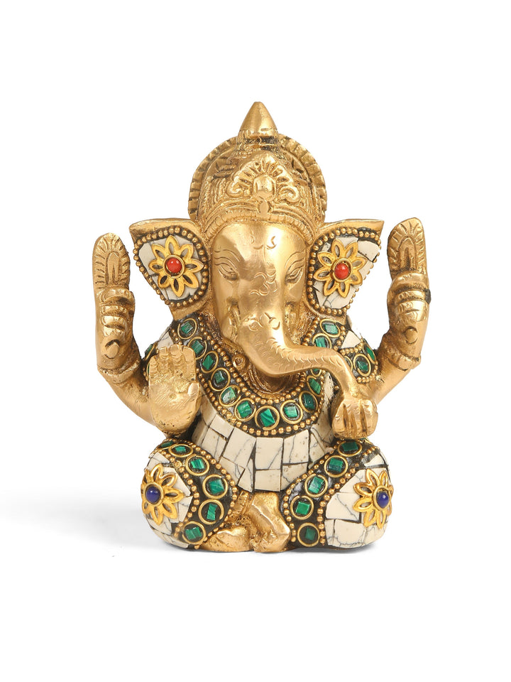 Brass Statue - Ganesha In White Stone Details | SHOBITAM