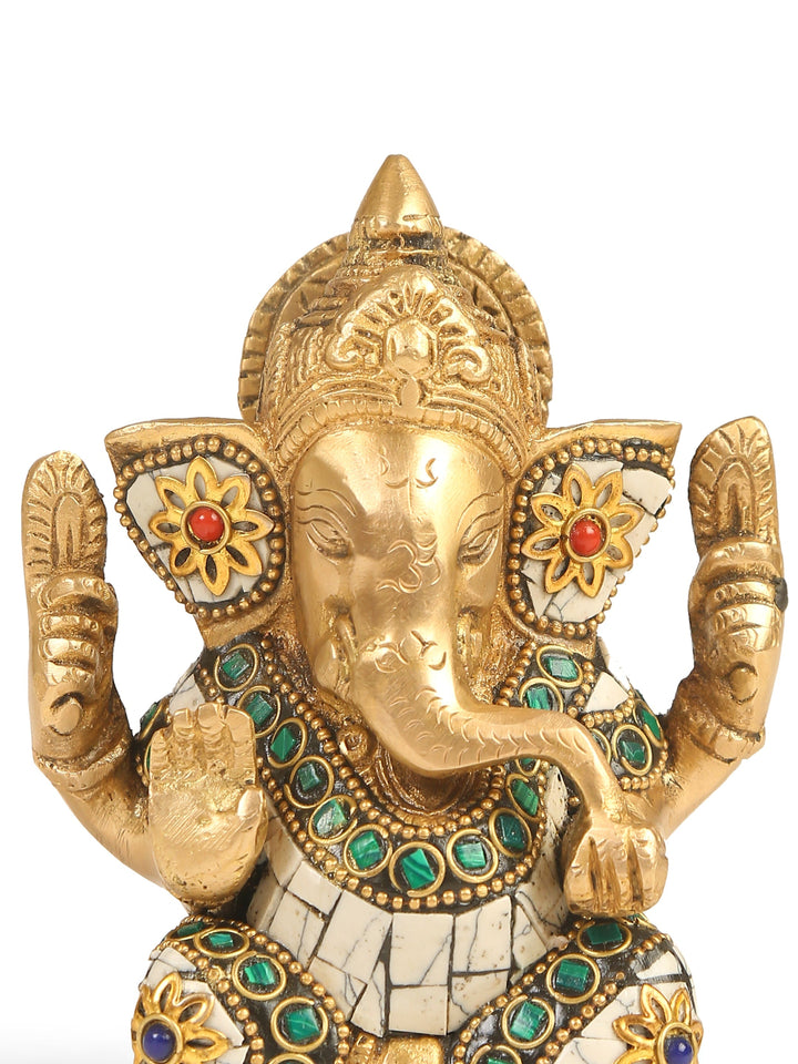 Brass Statue - Ganesha In White Stone Details | SHOBITAM