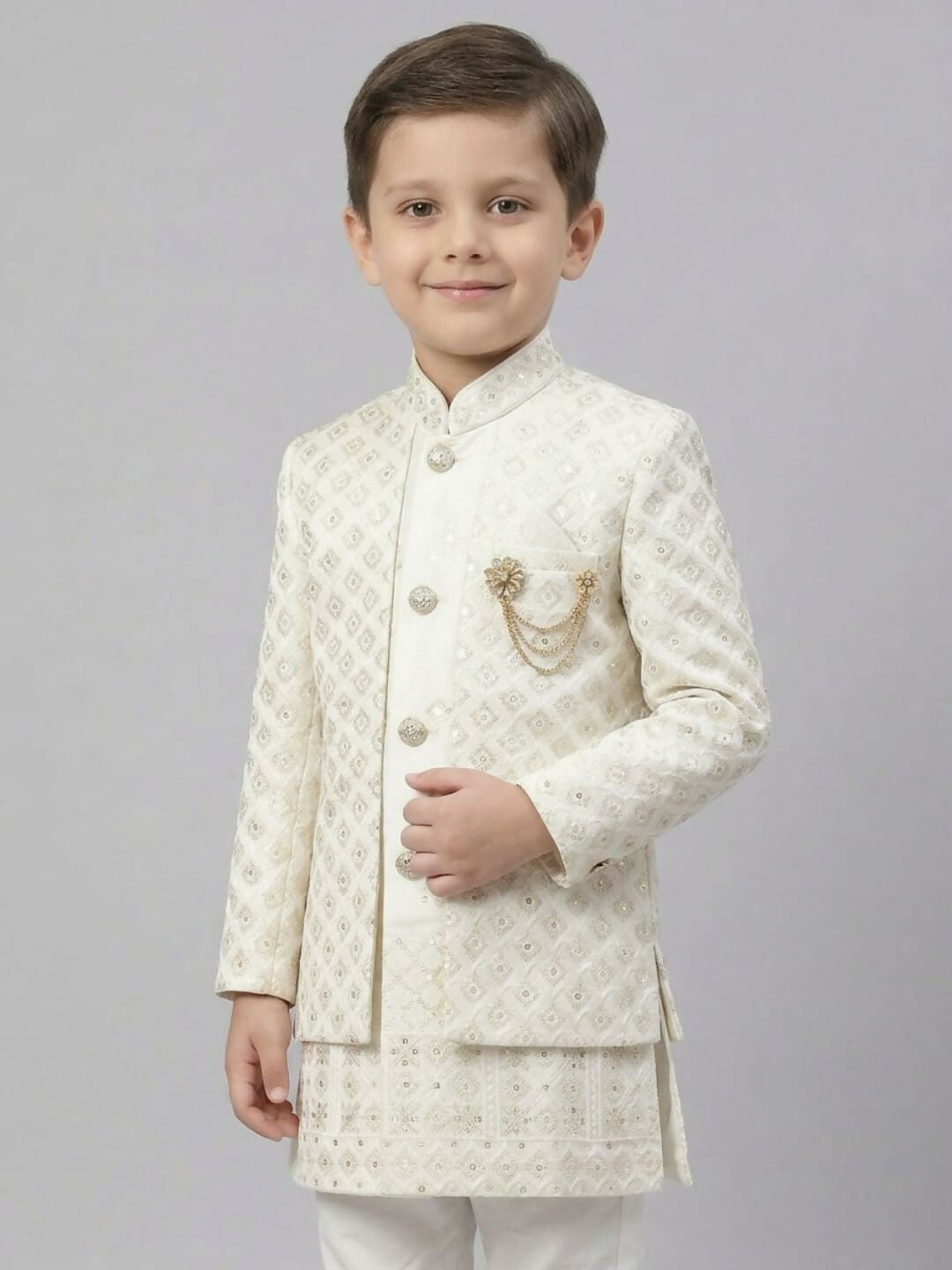 Boys Embroidered White Indo Western Sherwani Set with Jacket and Brooch | SHOBITAM
