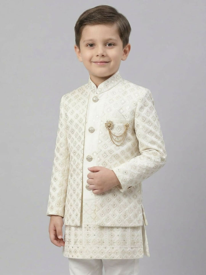 Boys Embroidered White Indo Western Sherwani Set with Jacket and Brooch | SHOBITAM