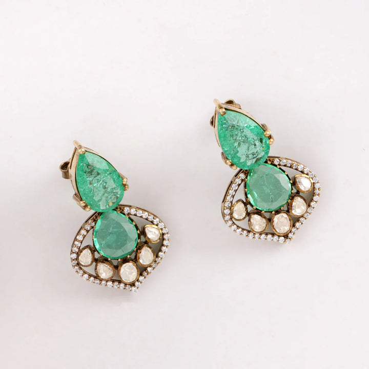 92.5 Silver, Gold Plated Chunky Green and White Stones Victorian Charm Necklace