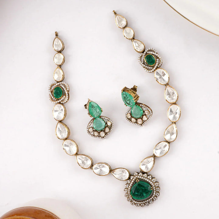 92.5 Silver, Gold Plated Chunky Green and White Stones Victorian Charm Necklace