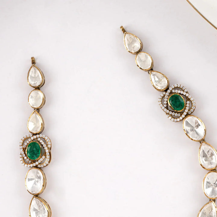 92.5 Silver, Gold Plated Chunky Green and White Stones Victorian Charm Necklace