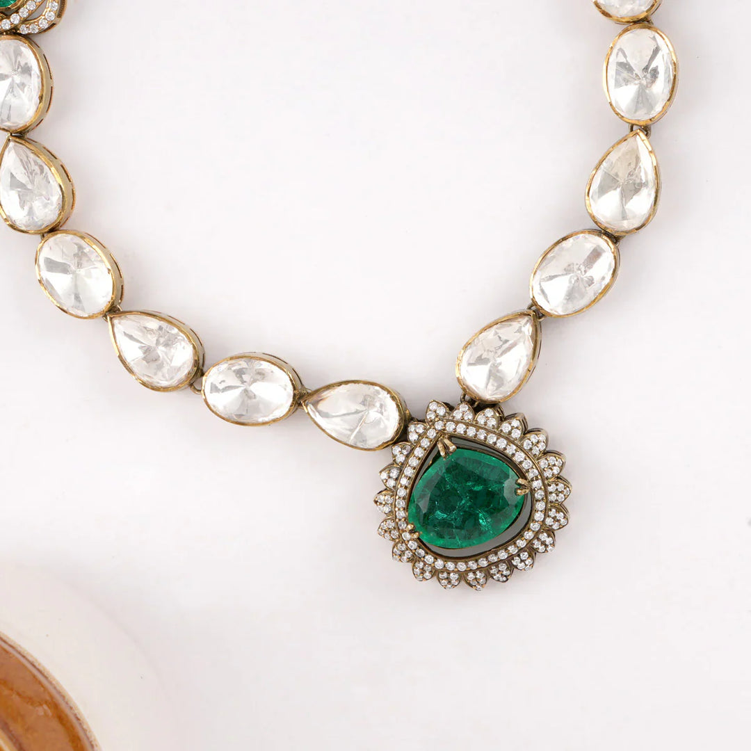 92.5 Silver, Gold Plated Chunky Green and White Stones Victorian Charm Necklace