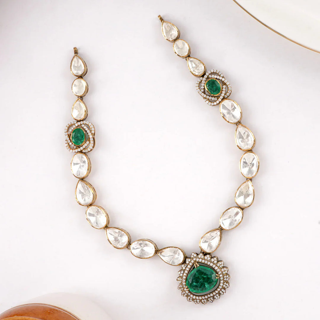 92.5 Silver, Gold Plated Chunky Green and White Stones Victorian Charm Necklace