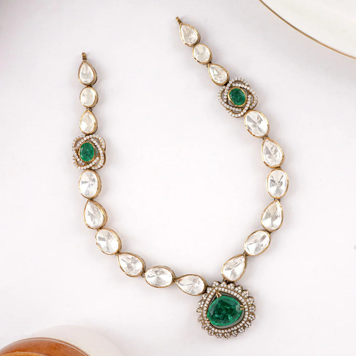 92.5 Silver, Gold Plated Chunky Green and White Stones Victorian Charm Necklace