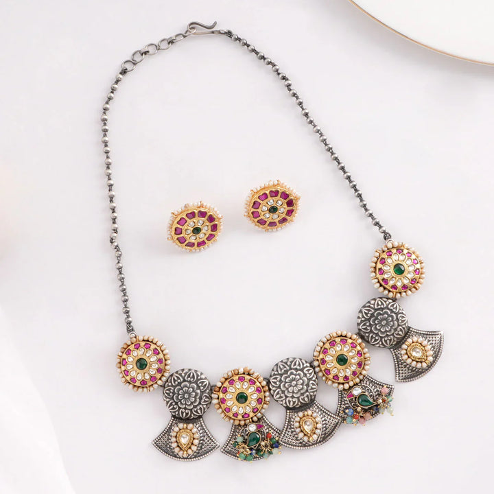 92.5 Pure Silver, Dual Tone Jadau Encrusted Necklace Set