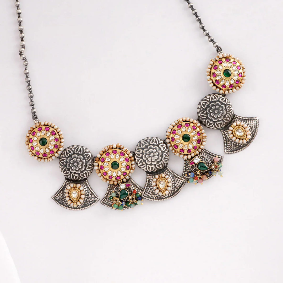 92.5 Pure Silver, Dual Tone Jadau Encrusted Necklace Set