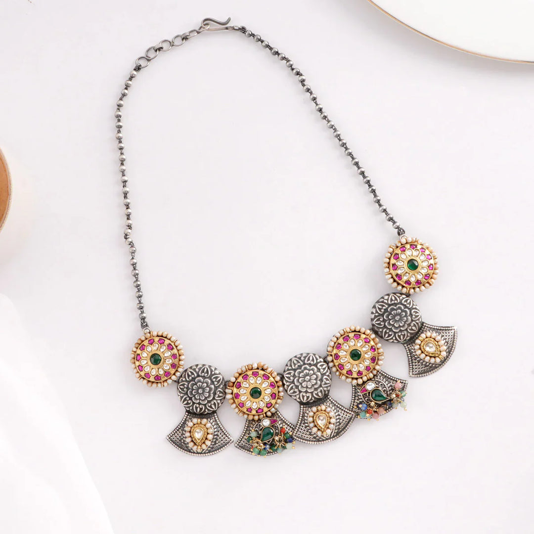 92.5 Pure Silver, Dual Tone Jadau Encrusted Necklace Set