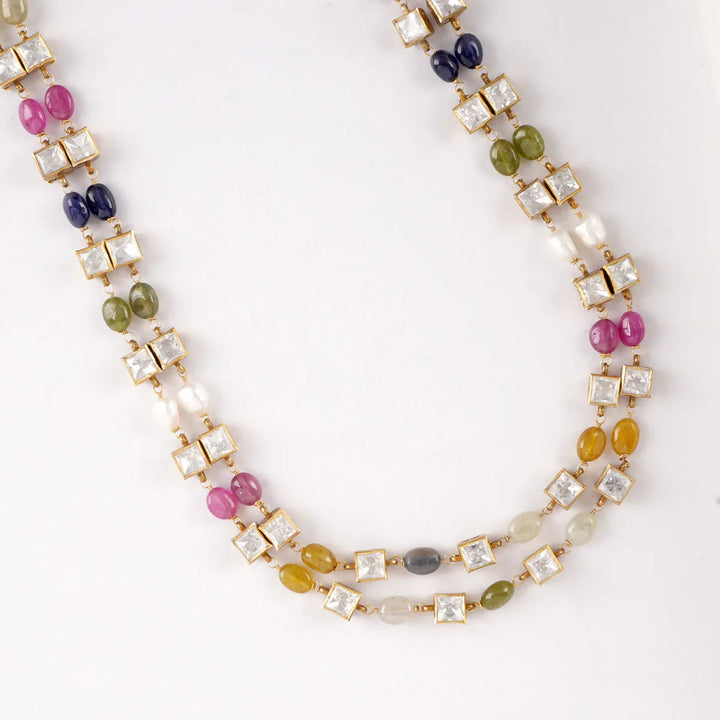 92.5 Silver, Gold Plated  2 strand Moissanite and Multicolor stones Medium length Necklace