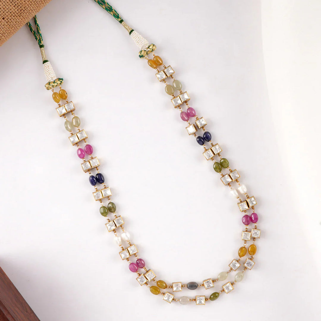 92.5 Silver, Gold Plated  2 strand Moissanite and Multicolor stones Medium length Necklace