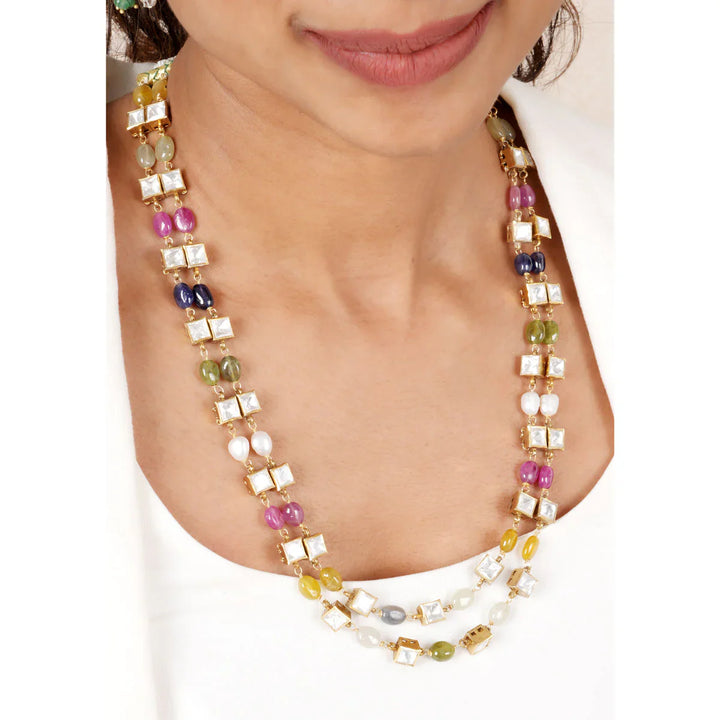 92.5 Silver, Gold Plated  2 strand Moissanite and Multicolor stones Medium length Necklace