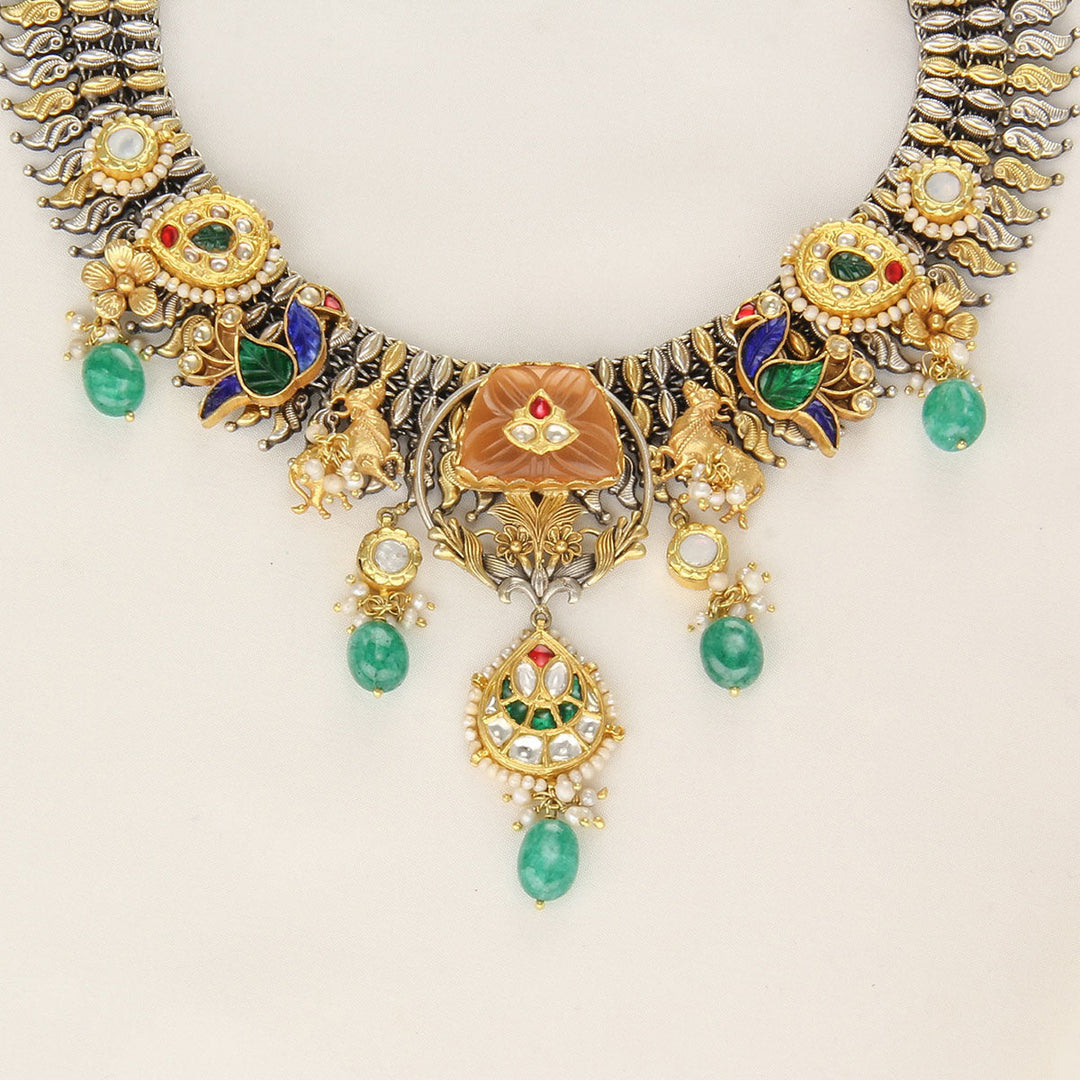 92.5 Silver and 24kt gold-plated, Dhavikha Short Necklace Set | SHOBITAM