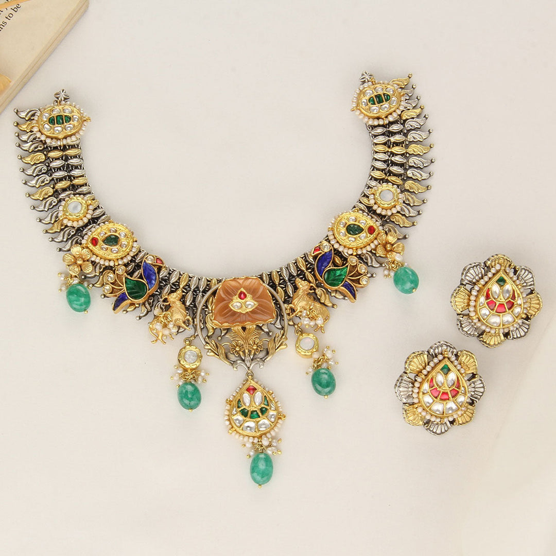 92.5 Silver and 24kt gold-plated, Dhavikha Short Necklace Set | SHOBITAM
