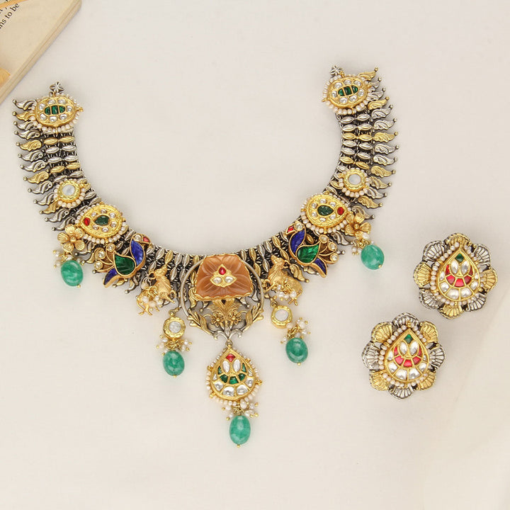 92.5 Silver and 24kt gold-plated, Dhavikha Short Necklace Set | SHOBITAM