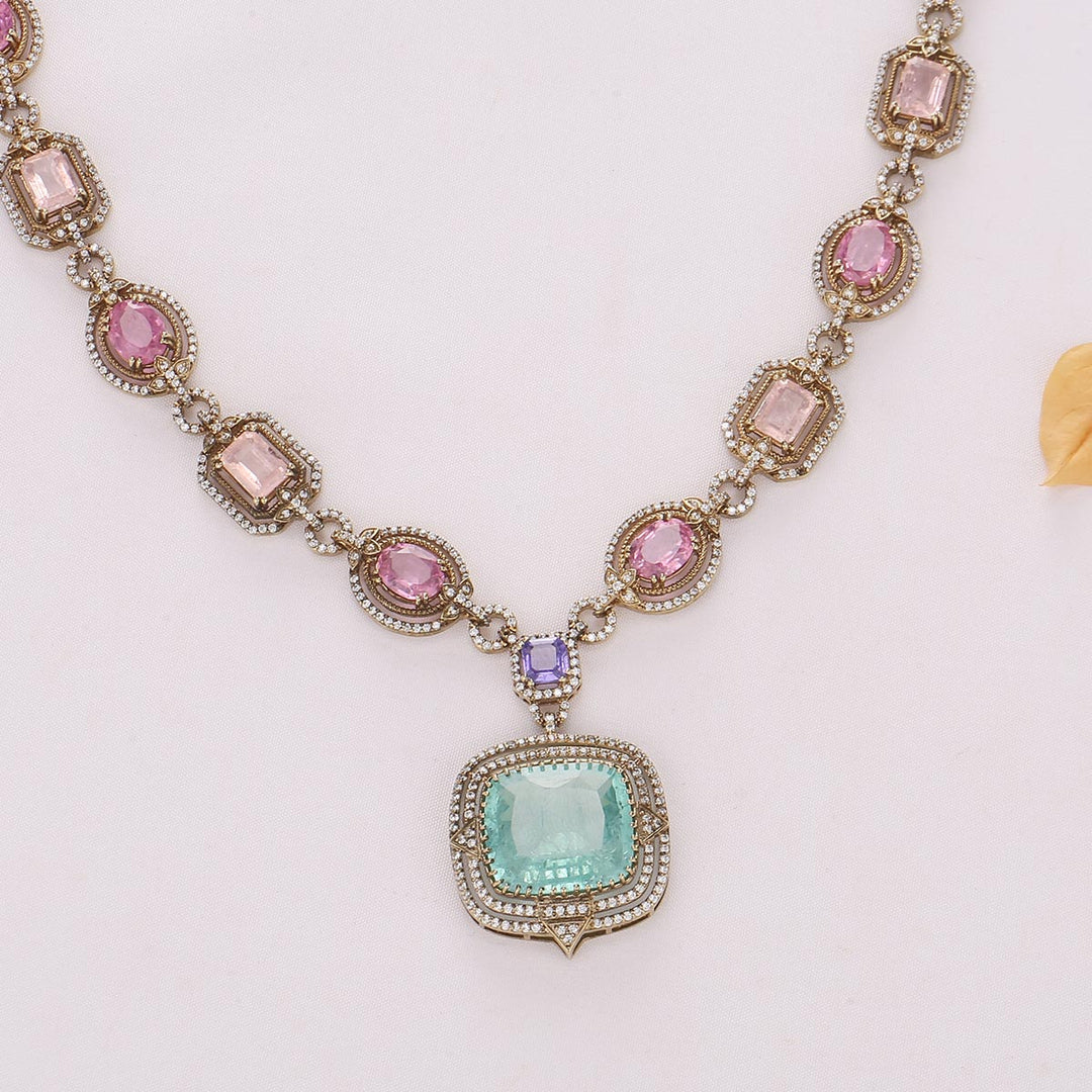 Pure 92.5 Silver, Gold Plated Fancy Look Long Necklace Set | SHOBITAM