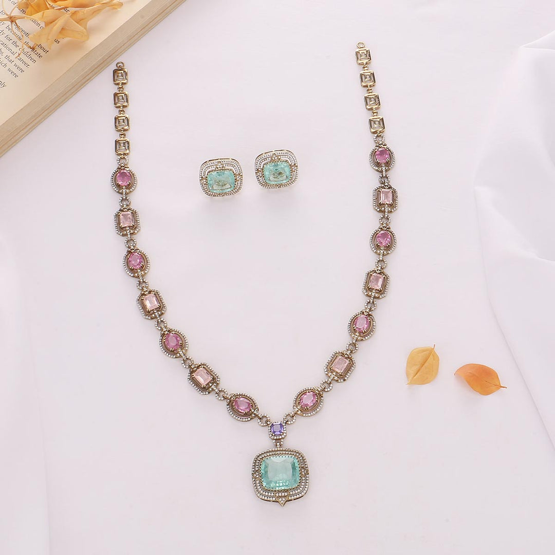 Pure 92.5 Silver, Gold Plated Fancy Look Long Necklace Set | SHOBITAM