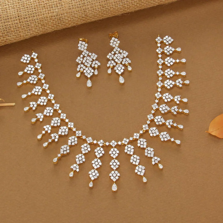 92.5 Silver, Floral Icicle CZ Short Necklace Set